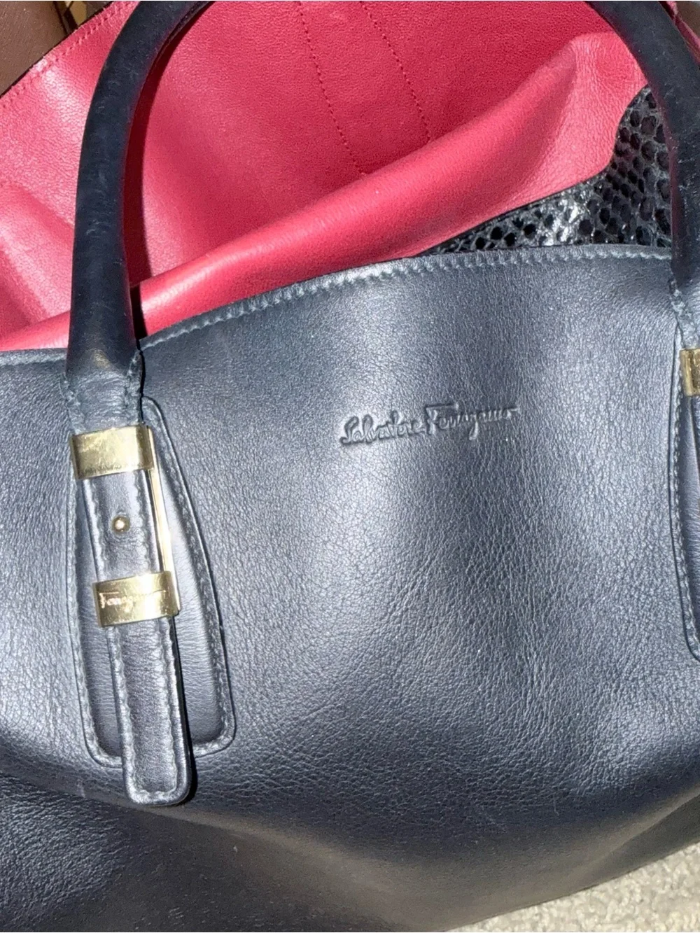 Authentic Salvatore Ferragamo Vintage Black Embossed Leather Large Bag
